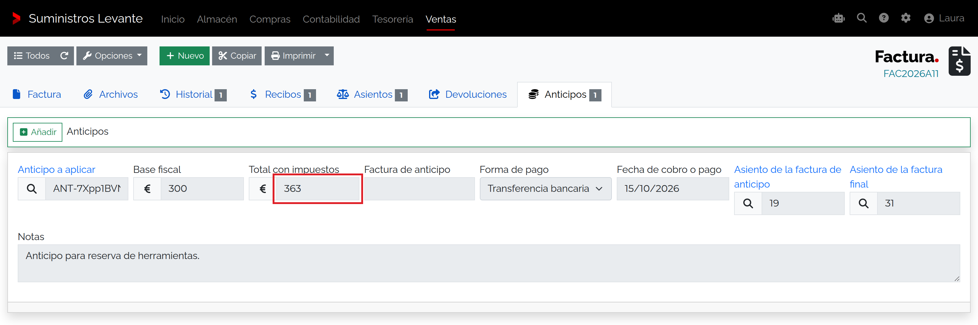 Captura de Aplicar un anticipo en la factura final