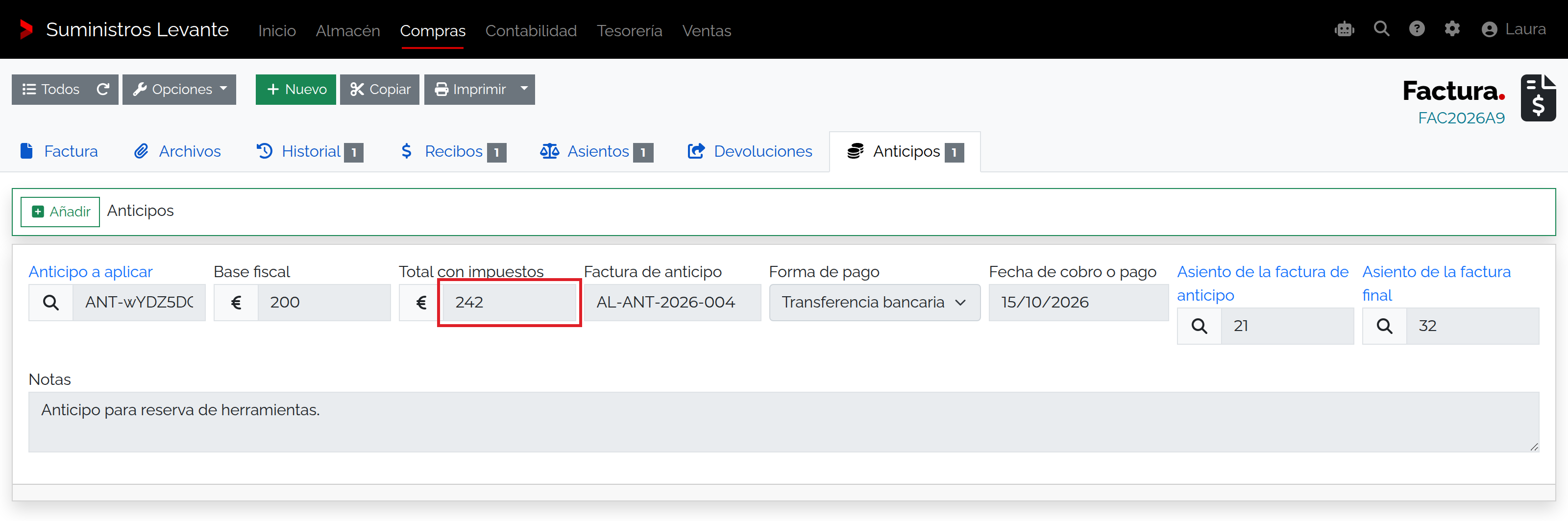 Captura de Aplicar un anticipo en la factura final