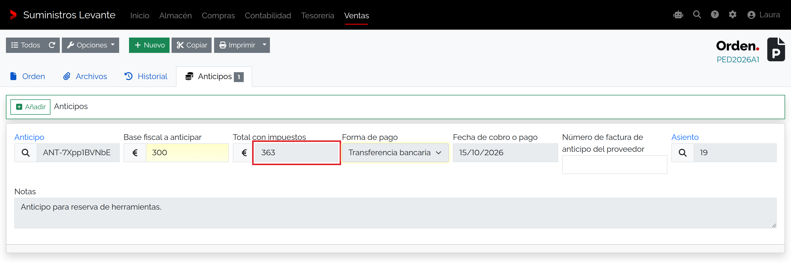 Captura de Registrar un anticipo de cliente desde un documento comercial