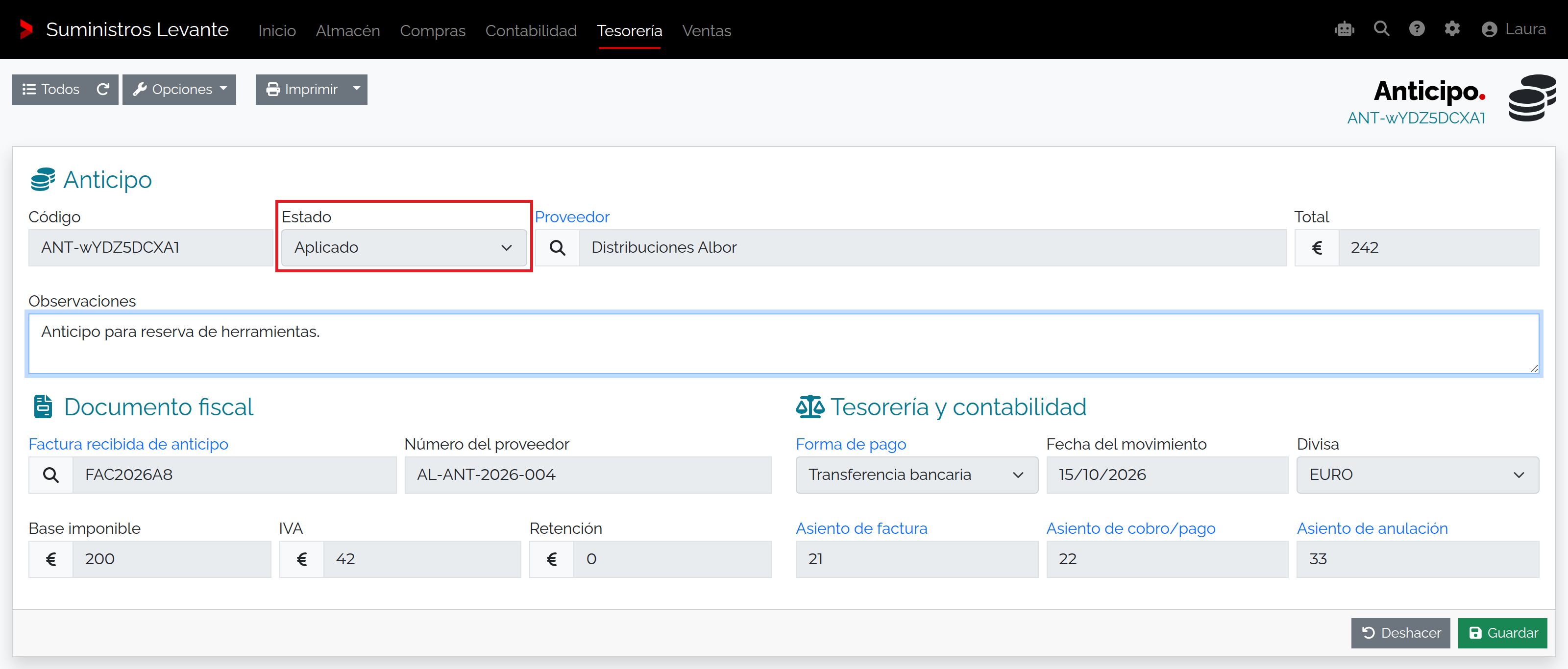 Captura de Consultar anticipos disponibles, aplicados e históricos