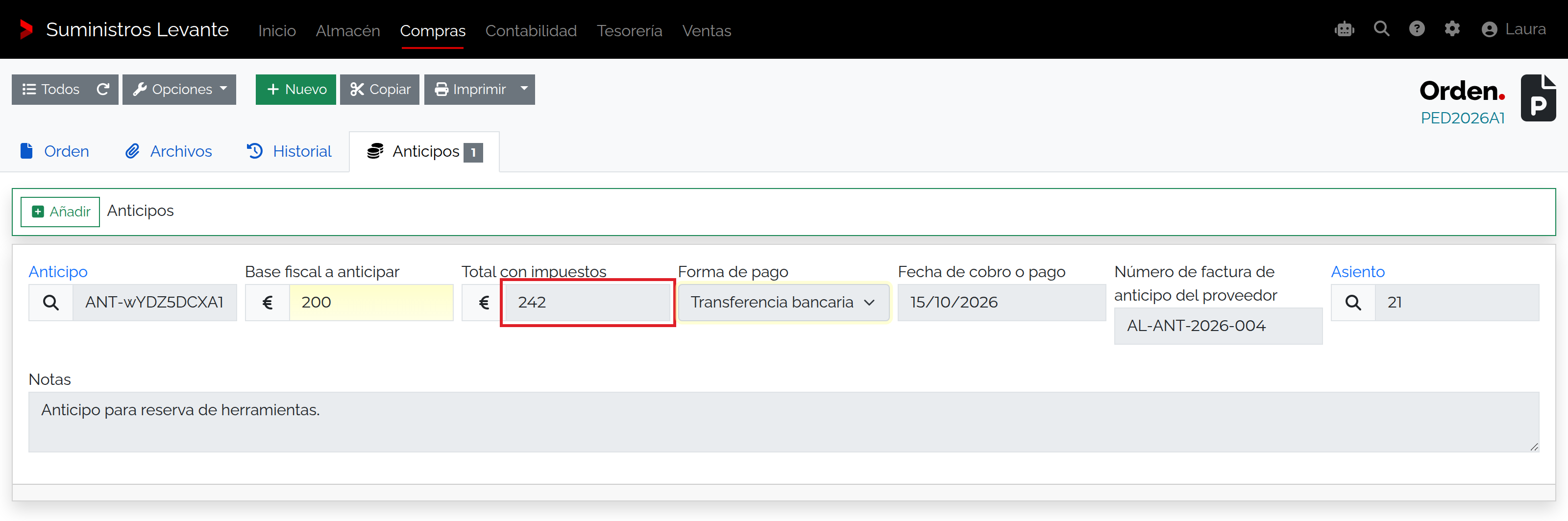 Captura de Registrar un anticipo a proveedor desde un documento comercial