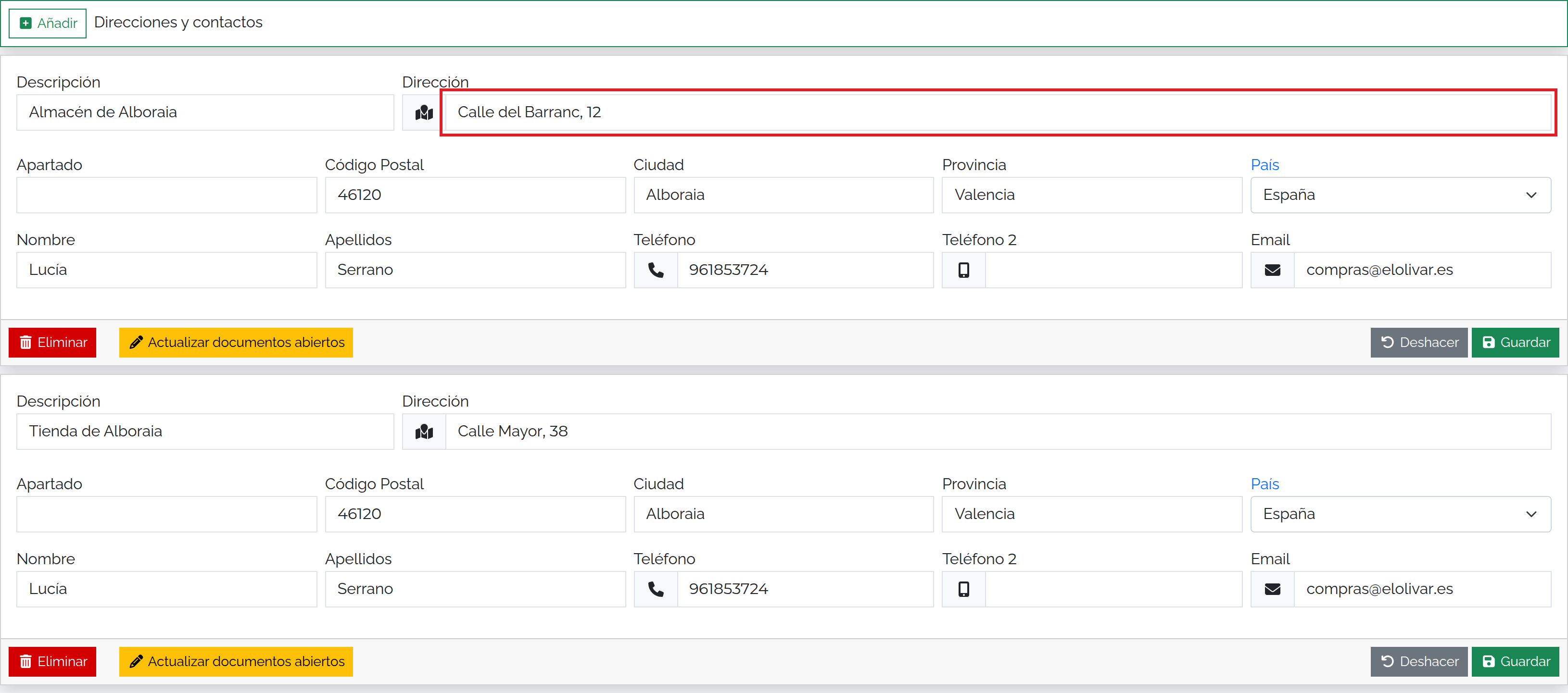 Dirección de la sede y contacto de Ferretería El Olivar