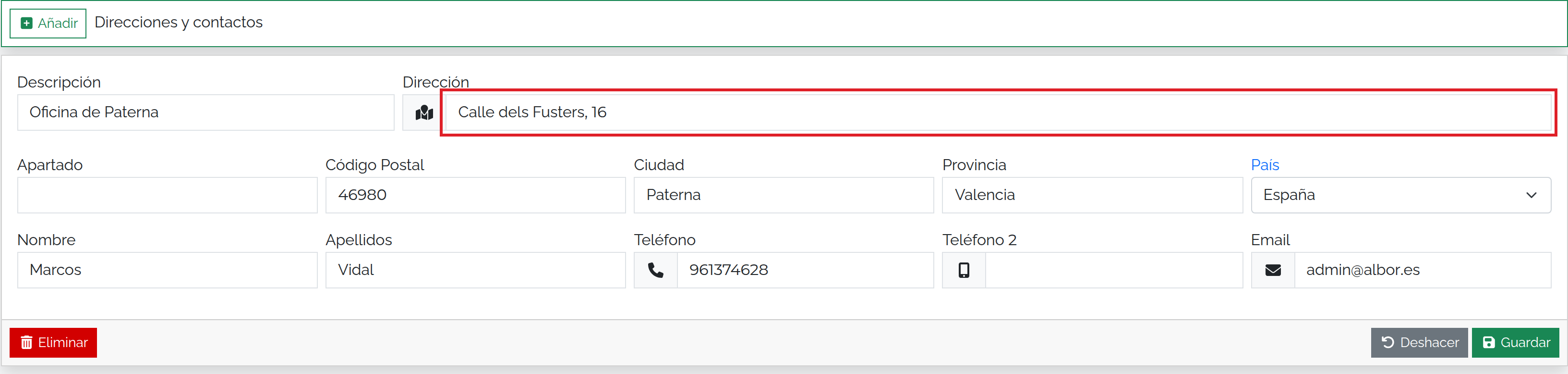 Dirección de la sede y contacto de administración de Distribuciones Albor