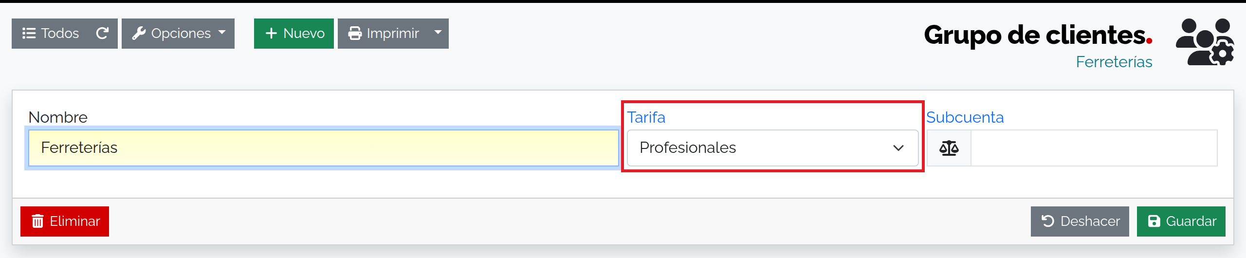 Grupo Ferreterías con la tarifa Profesionales.