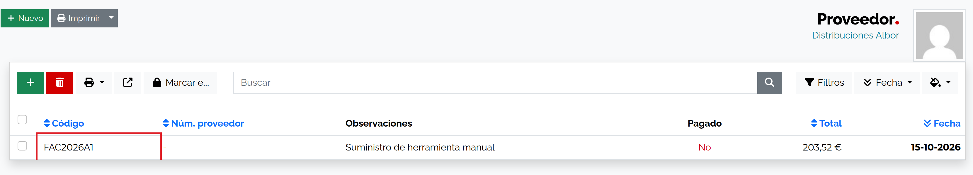 Facturas de Distribuciones Albor vinculadas a su ficha.