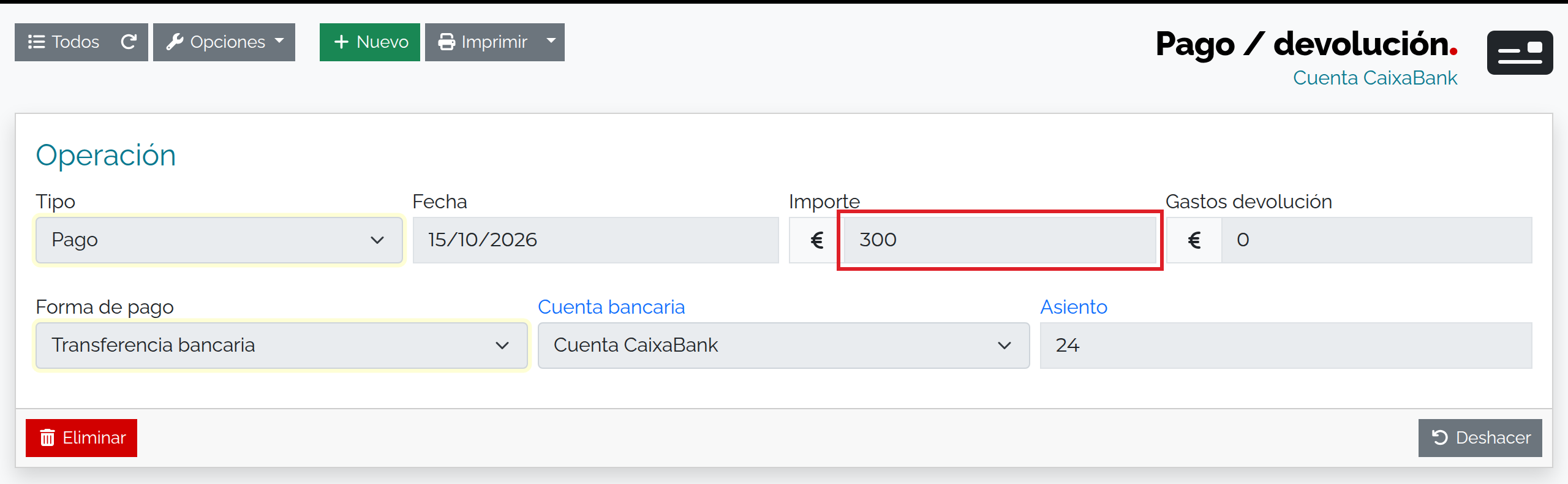 Cobro parcial guardado de 300,00 €.