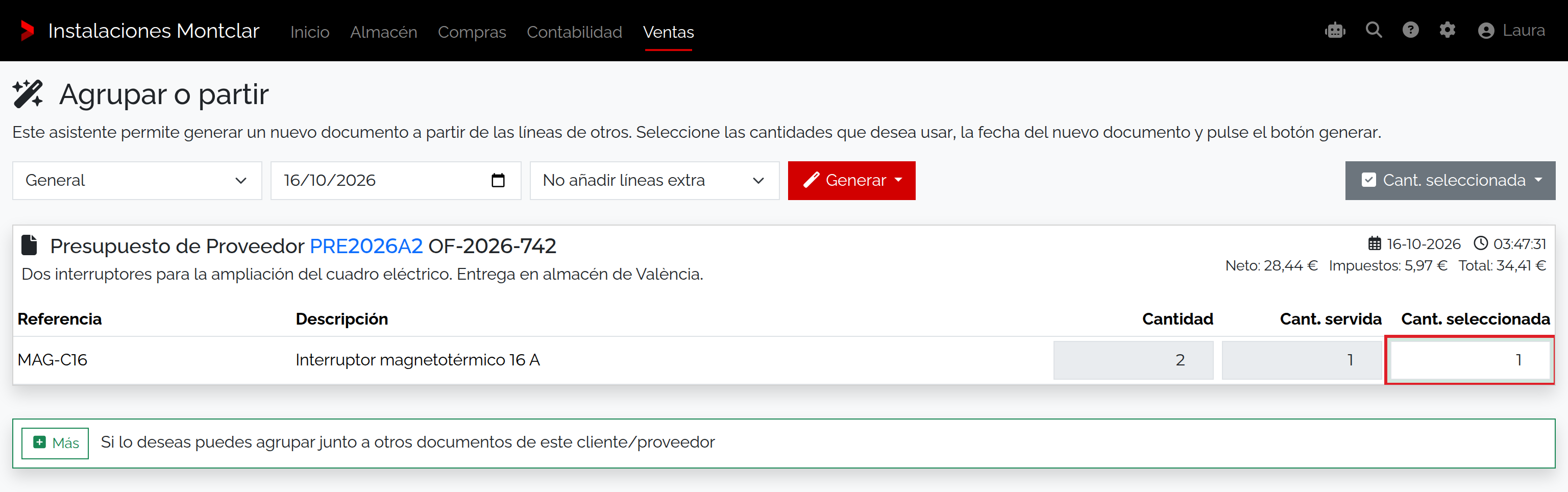 Presupuesto PRE2026A2 con dos unidades, una servida y una pendiente seleccionada en el asistente.