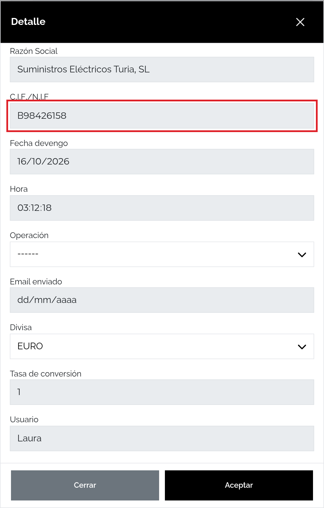Detalle completo del proveedor con CIF B98426158, fecha de devengo 16/10/2026, divisa Euro y tasa uno.