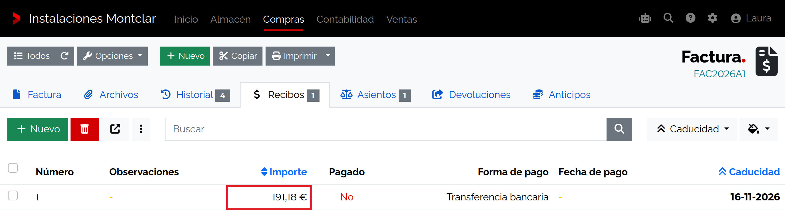 Recibo de compra por 191,18 euros, impagado y con vencimiento 16/11/2026.