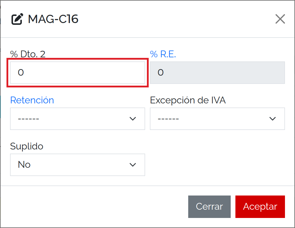 Detalle completo de la línea MAG-C16 con segundo descuento, recargo, retención, excepción IVA y suplido.