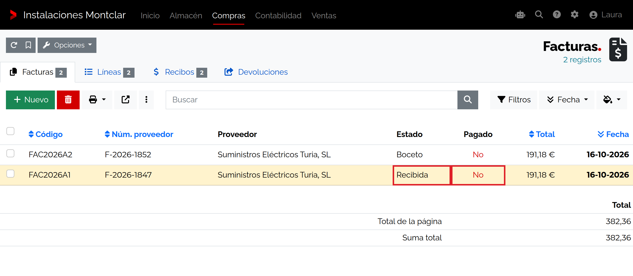 Listado de facturas de proveedor con Estado, Pagado, referencia externa y Total.