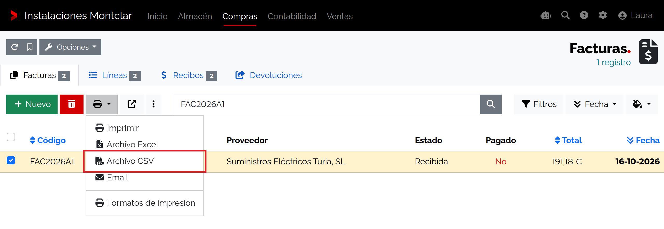 Factura FAC2026A1 seleccionada y menú Archivo CSV.