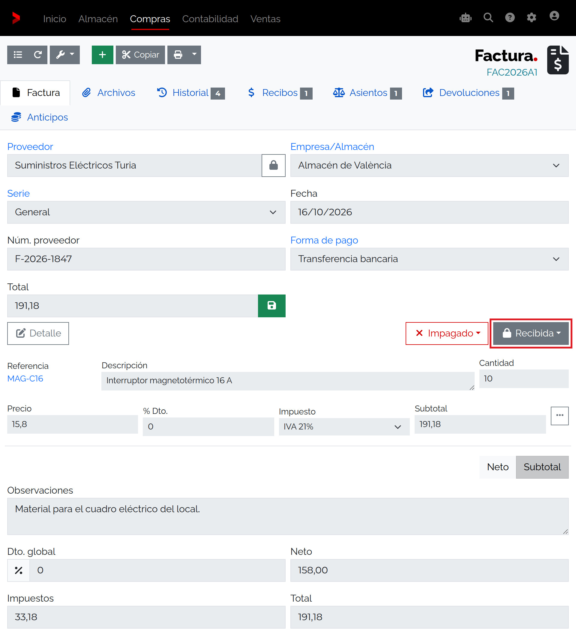 Factura FAC2026A1 Recibida con datosbloqueados.