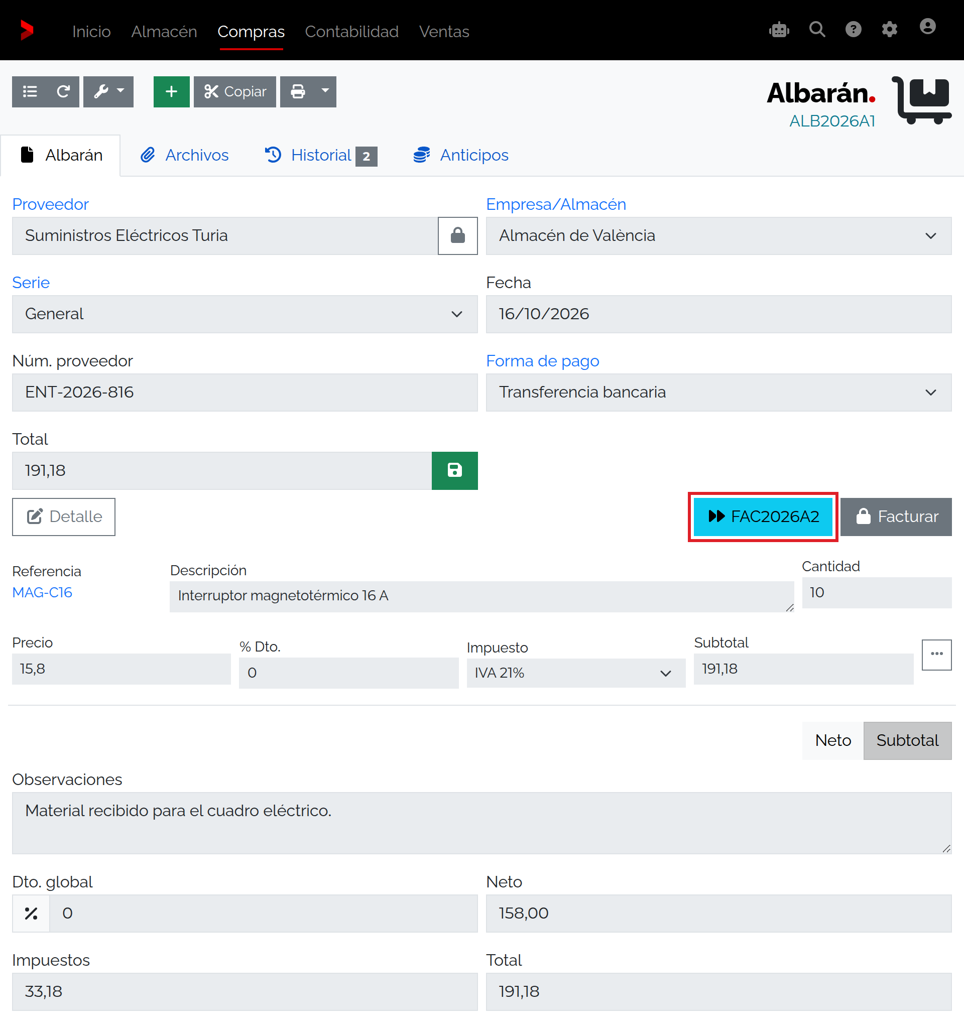 Albarán ALB2026A1 en Facturar con enlace a la factura FAC2026A2.