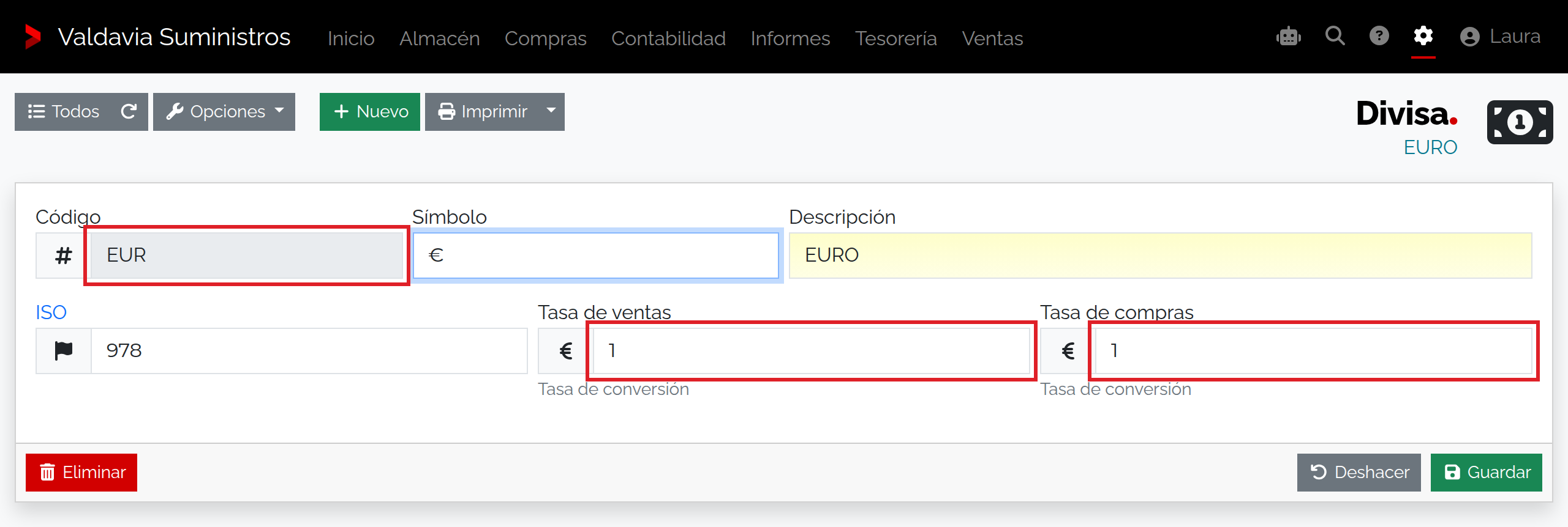 Ficha de la divisa Euro con código EUR, ISO 978 y tasas de conversión de ventas y compras en 1