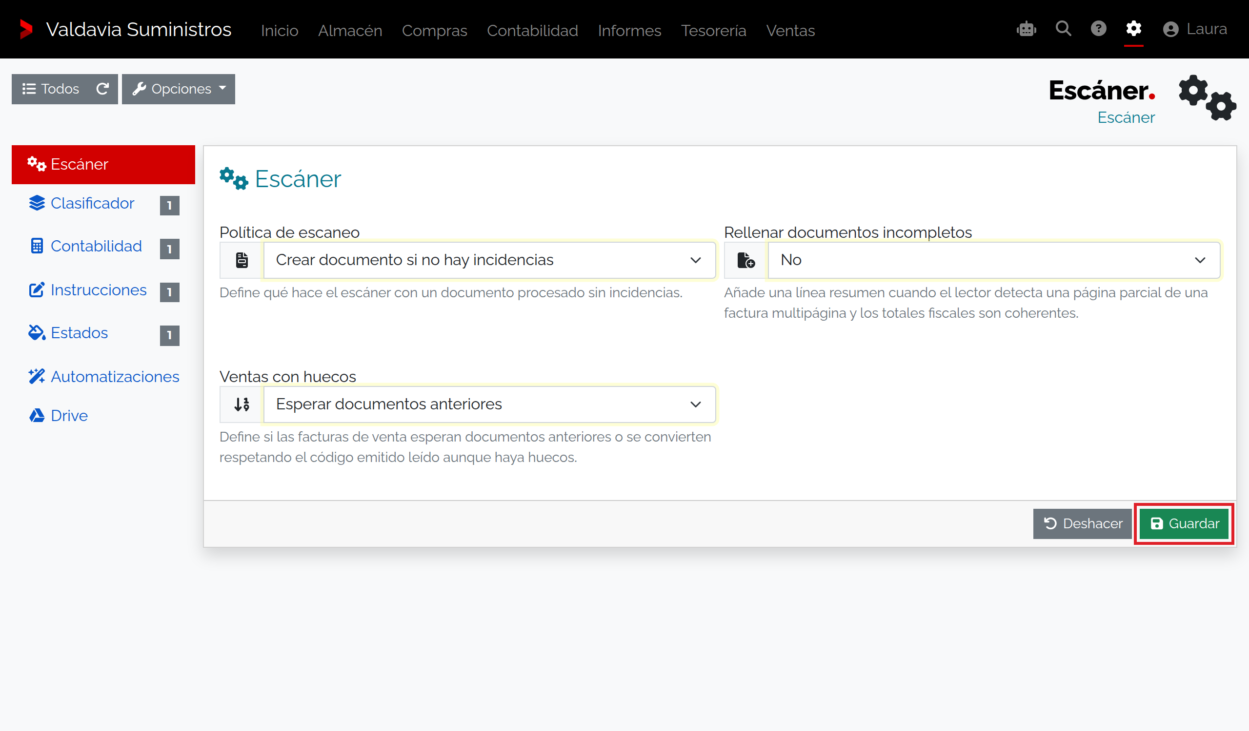 Pantalla de ajustes de BeplyOCR con pestañas de General, Clasificador, Contabilidad y Automatizaciones en Suministros Valdavia SL