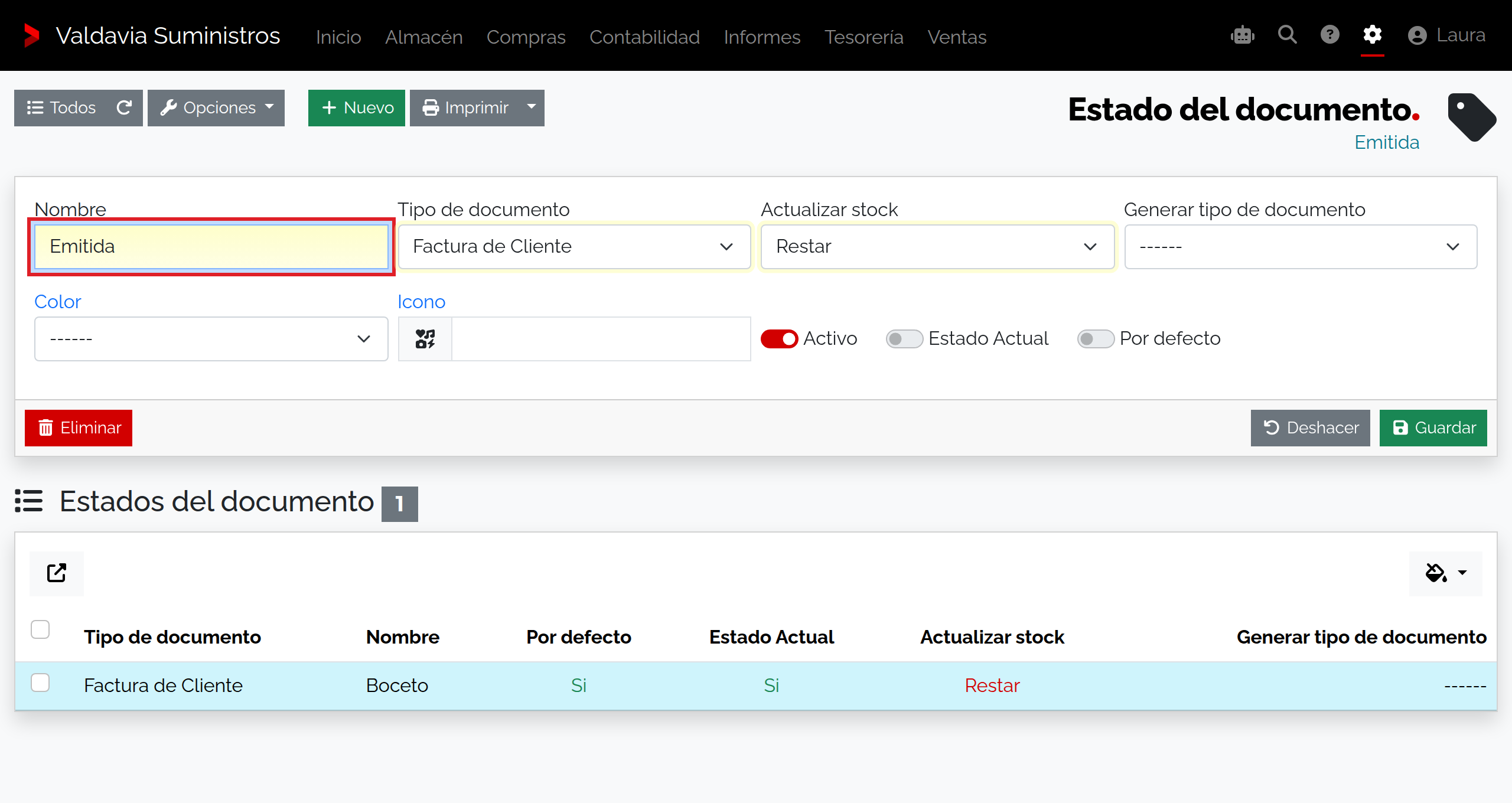 Estado Emitida de factura de cliente con sus opciones de actualización de stock, edición y estados relacionados