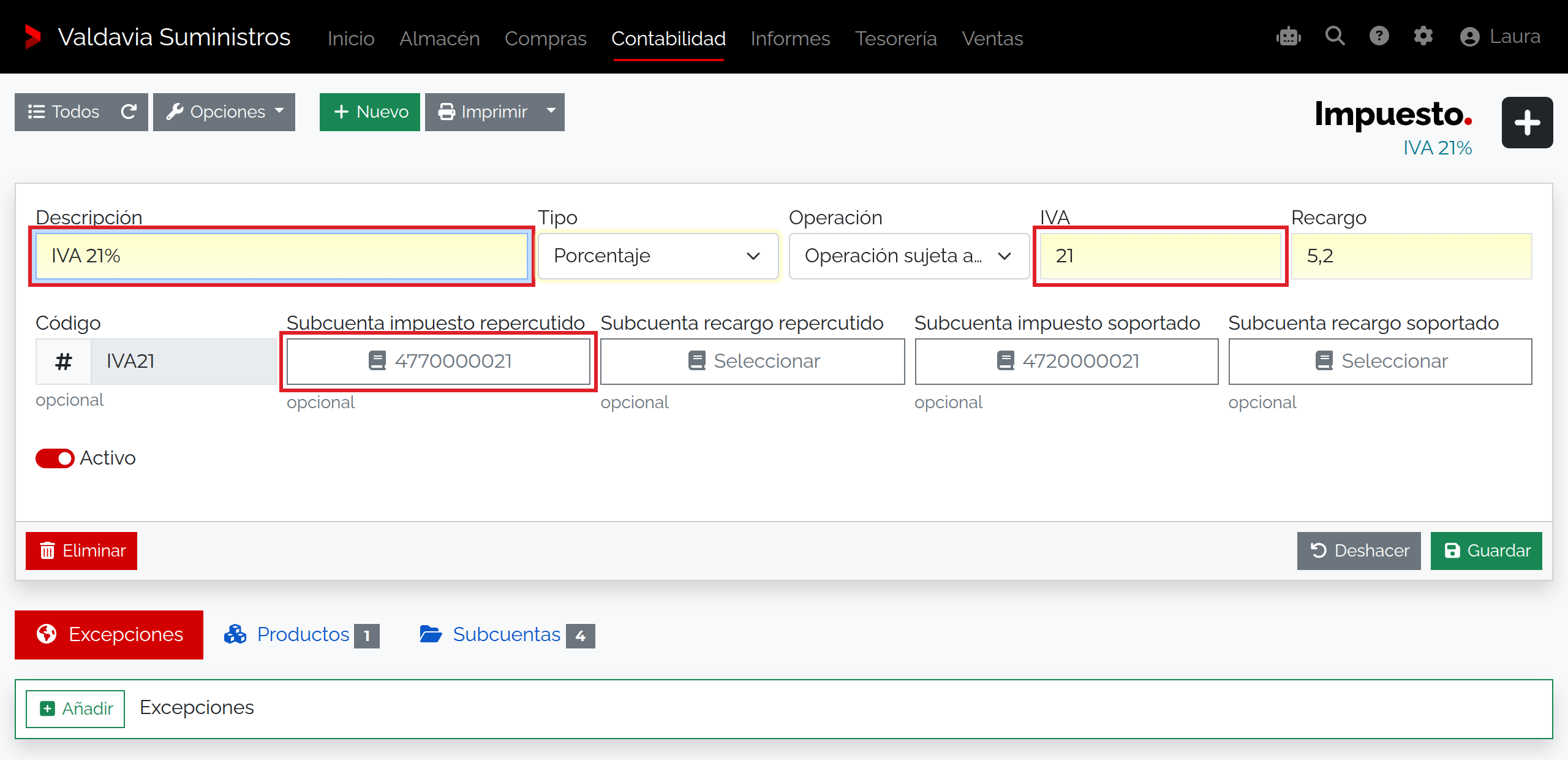 Impuesto IVA 21% configurado por porcentaje con operación sujeta a IVA y subcuentas contables asignadas