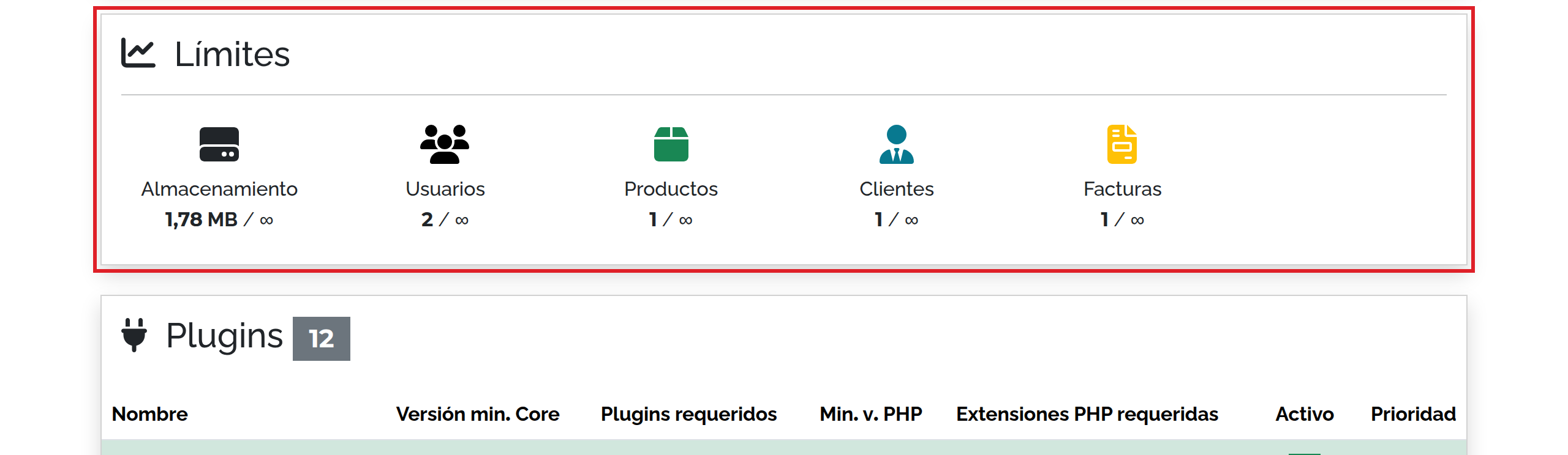 Pantalla Acerca de con la versión 2025.71 en Software, el resumen de Límites y el inicio de la tabla de Plugins