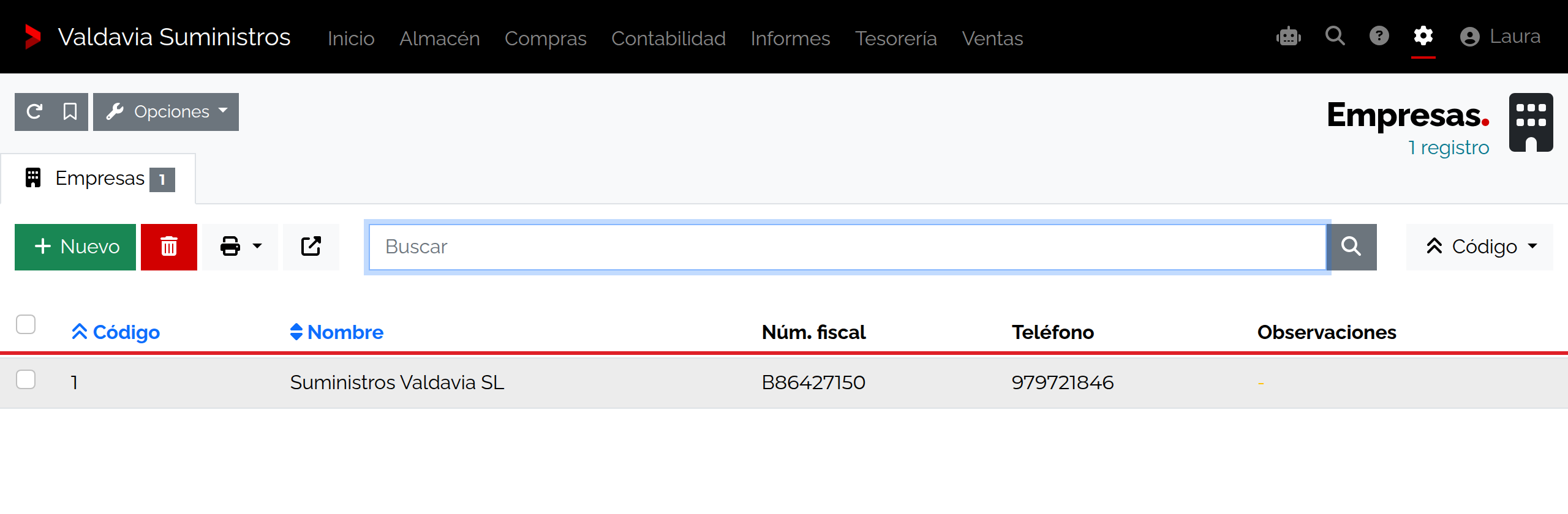 Listado de empresas en Ajustes con Suministros Valdavia SL, su CIF B86427150 y los datos de contacto de Palencia