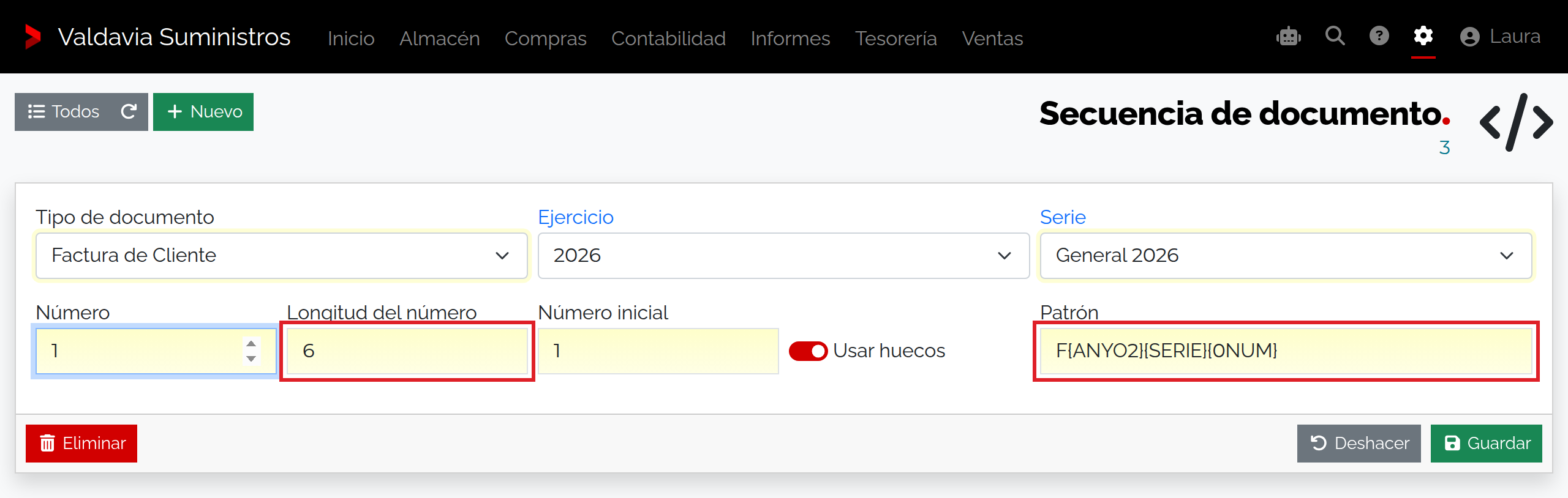 Secuencia de facturas de cliente para el ejercicio 2026 y la serie V26 con patrón F{ANYO2}{SERIE}{0NUM} y longitud de seis cifras