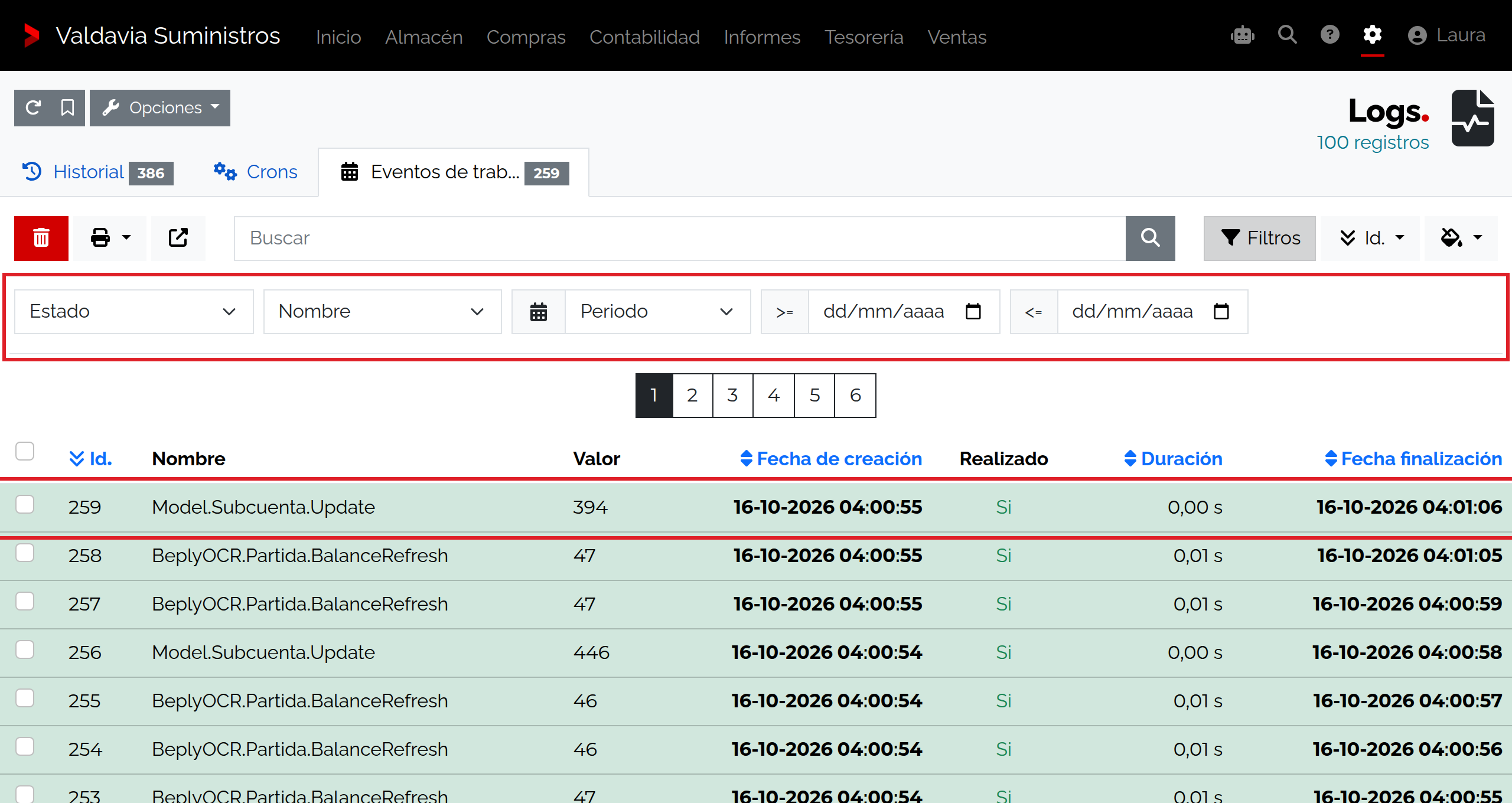 Pestaña Eventos de trabajo en Logs con los filtros desplegados y los eventos realizados del ejercicio