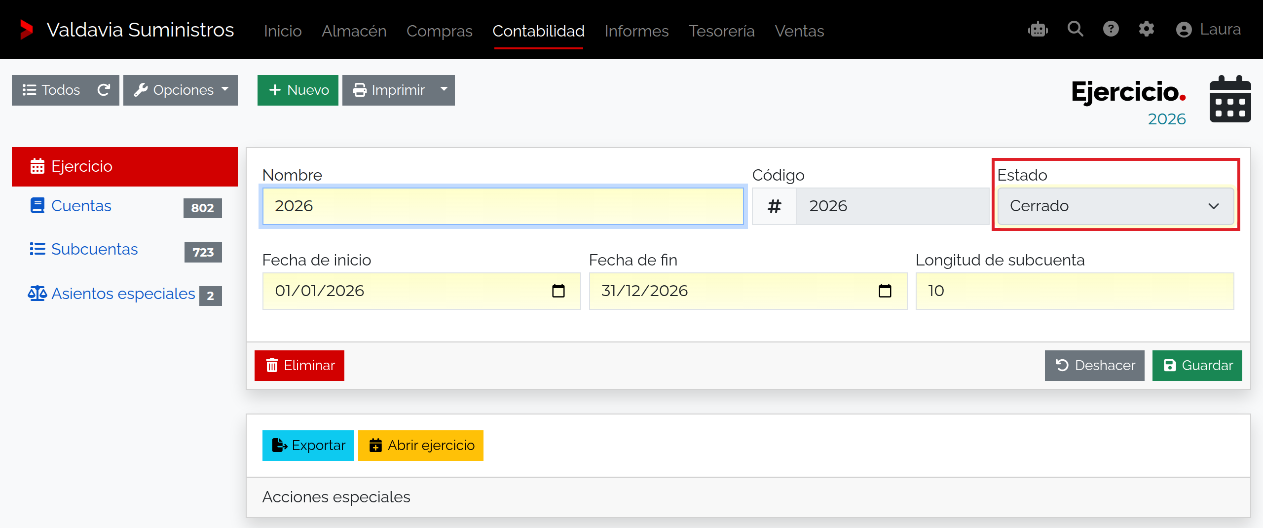 Ejercicio 2026 cerrado con la acción para abrirlo de nuevo