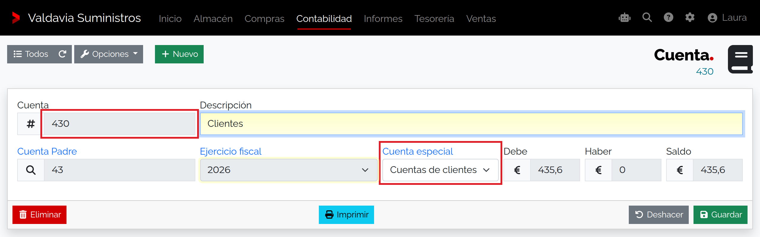 Cuenta 430 de Clientes con la asignación especial y el saldo del ejercicio