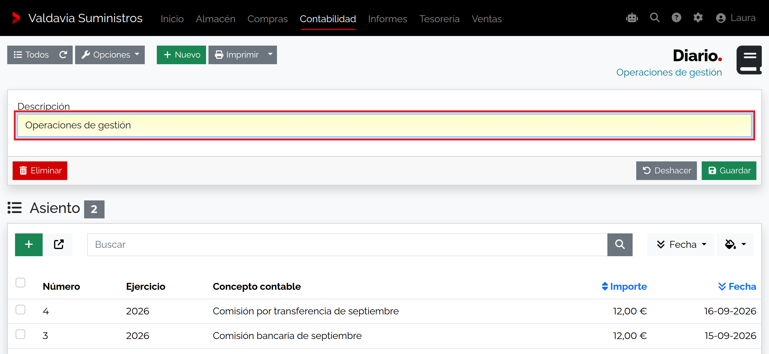 Diario Operaciones de gestión con el asiento de la comisión bancaria