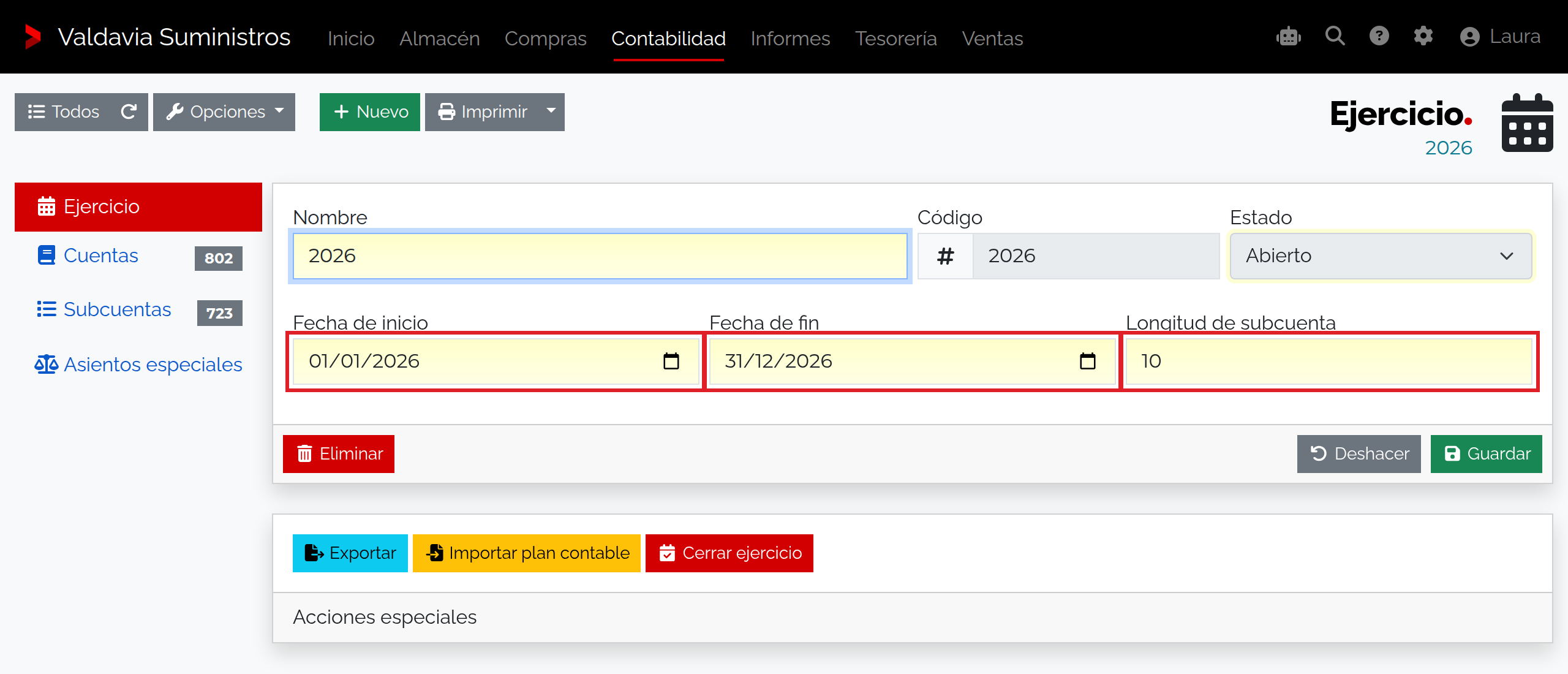 Ejercicio 2026 abierto con fechas y longitud de subcuenta señaladas