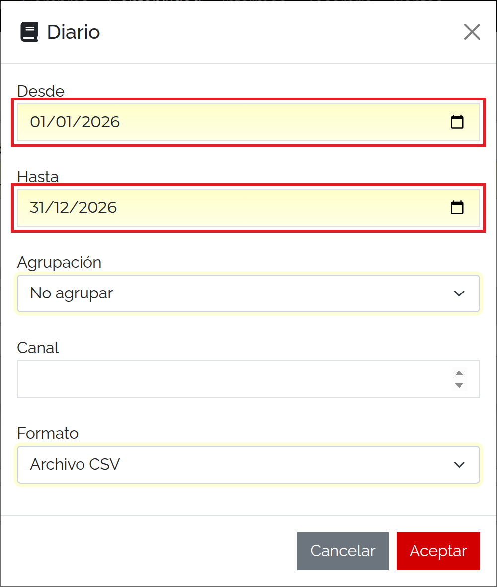 Diario de la subcuenta: intervalo completo de 2026, sin agrupar y formato Archivo CSV