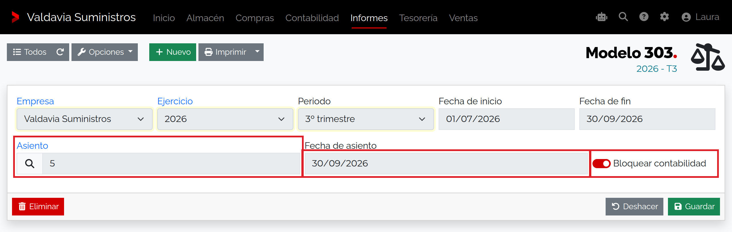 Tercer trimestre de 2026 regularizado: asiento 5 del 30 de septiembre y bloqueo de contabilidad activado
