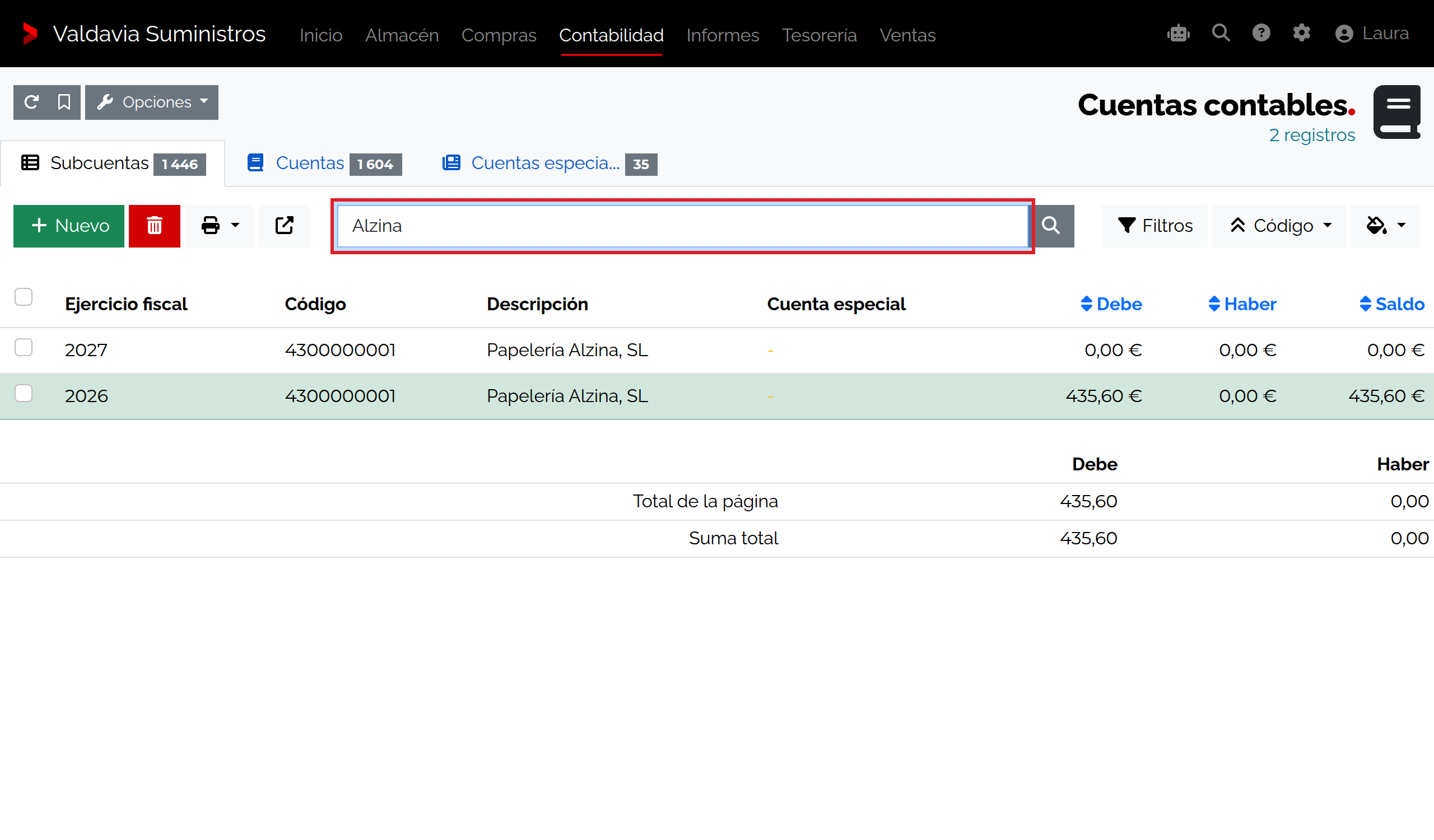 Listado de subcuentas contables en Suministros Valdavia SL con filtros de ejercicio y columnas de Debe, Haber y Saldo