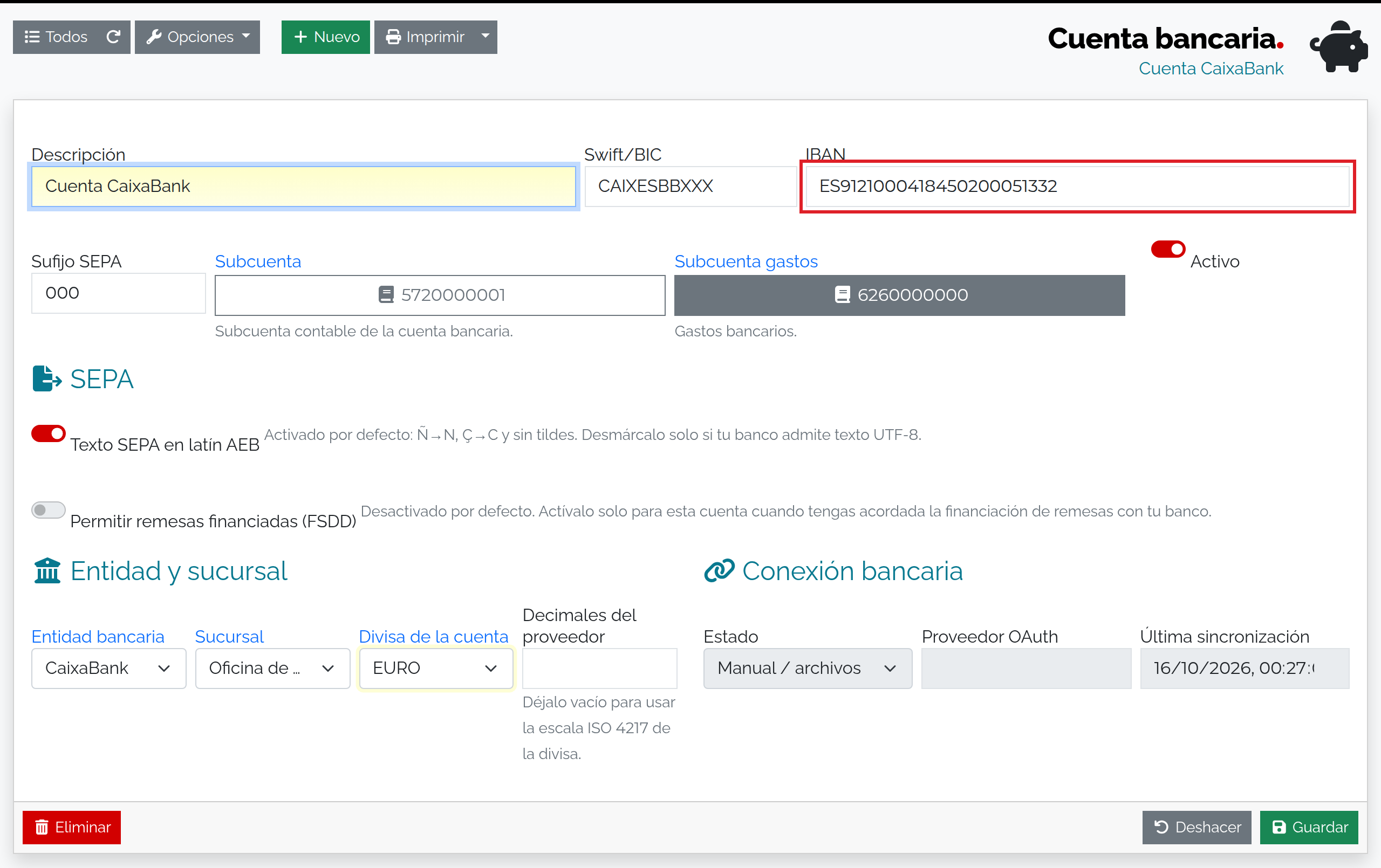 Cuenta CaixaBank con sus datos bancarios y contables.