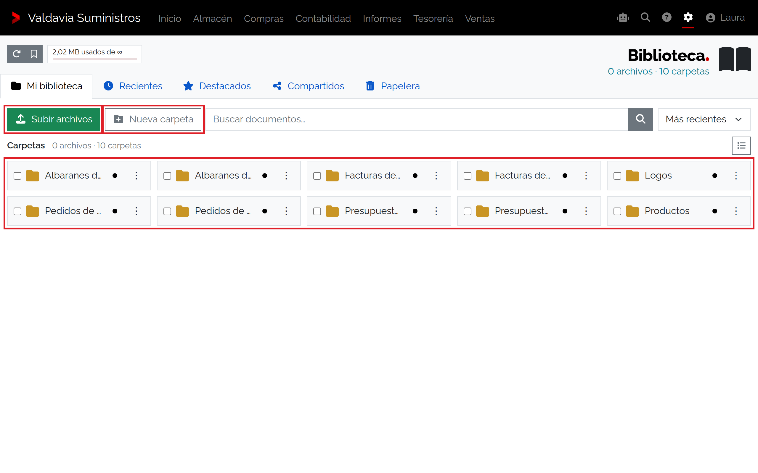 Explorador de BeplyBiblioteca en Suministros Valdavia SL con árbol de carpetas, etiquetas y opciones de mover y ordenar