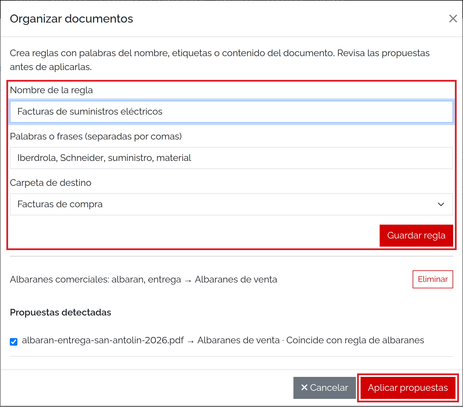 Ventana de gestión de reglas automáticas de organización en BeplyBiblioteca con listado de condiciones y propuestas en Suministros Valdavia SL