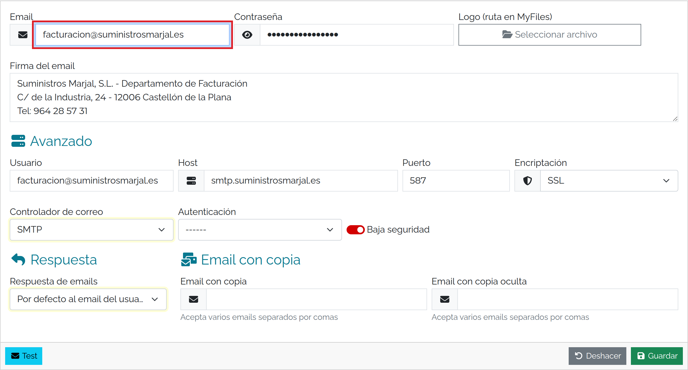 Pantalla de configuración de correo saliente con los datos de Suministros Marjal.