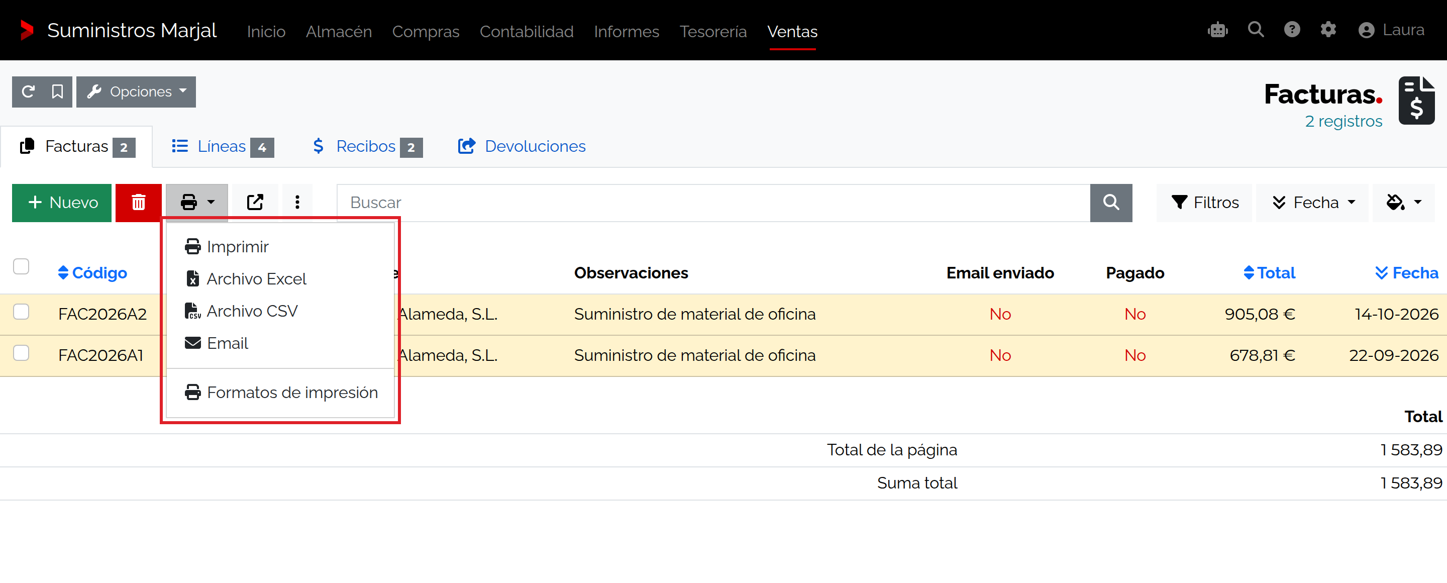 Opciones de exportación disponibles en el listado de facturas de venta.