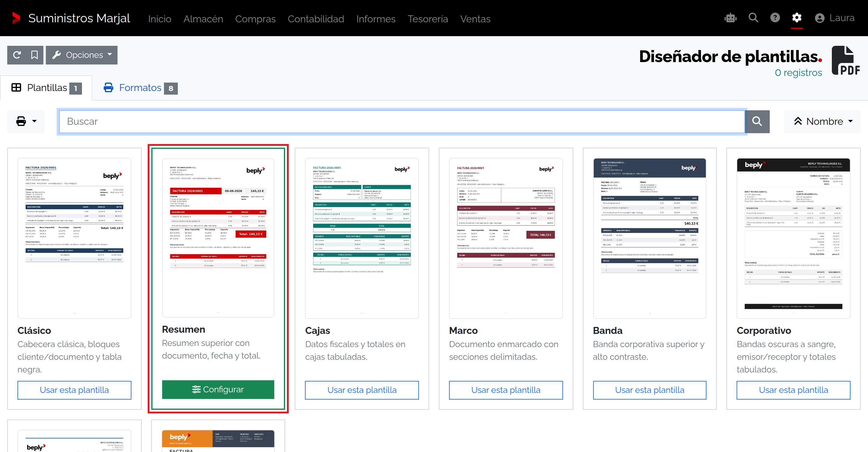 Diseñador de plantillas PDFStudio con los modelos visuales disponibles.