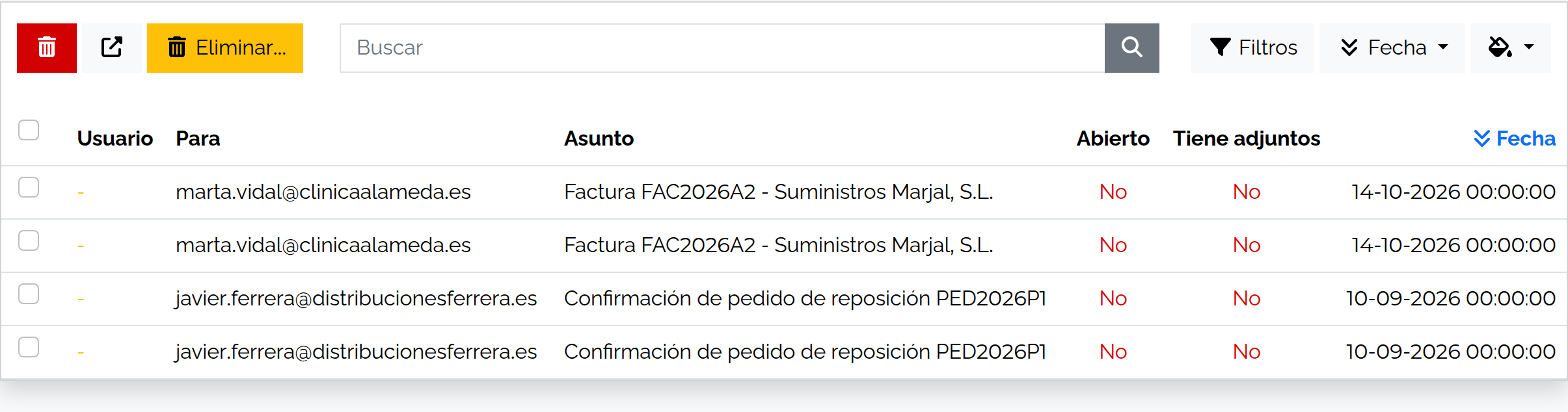 Listado de emails enviados con fecha, destinatario y estado en Suministros Marjal.