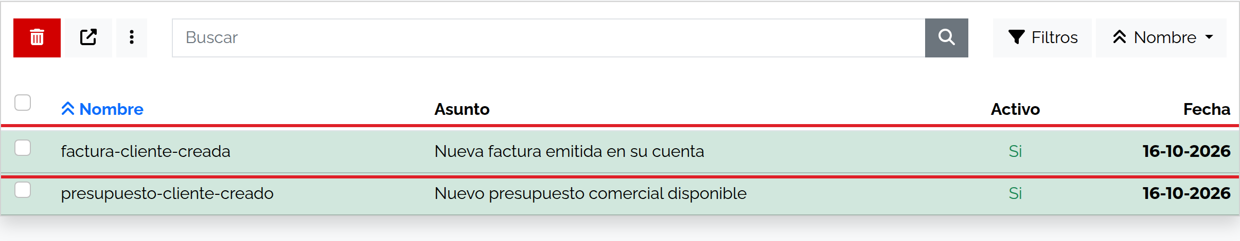 Listado de notificaciones por correo en Ajustes Email.