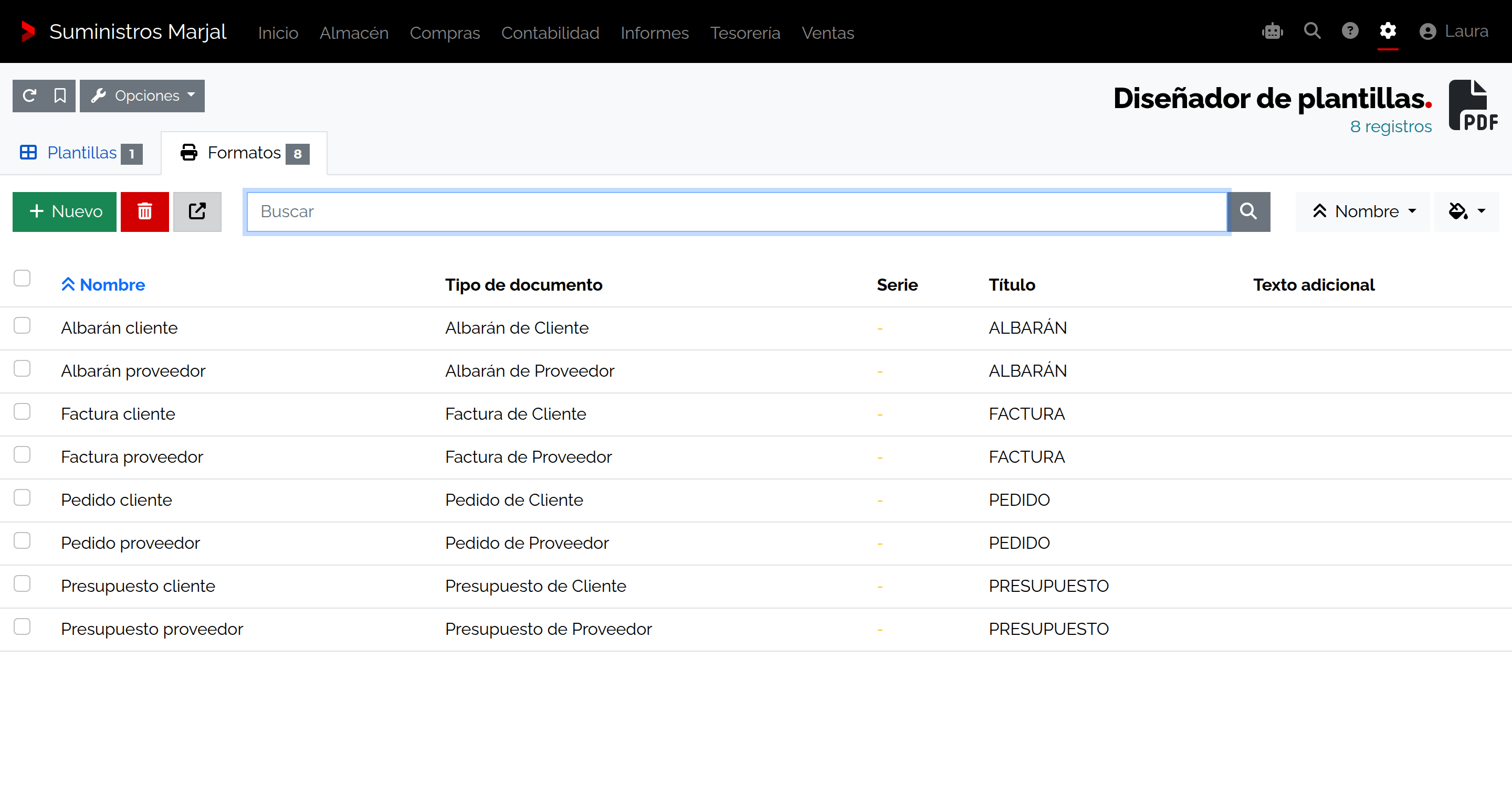 Ajuste de parámetros de salida y formatos en el panel de configuración.