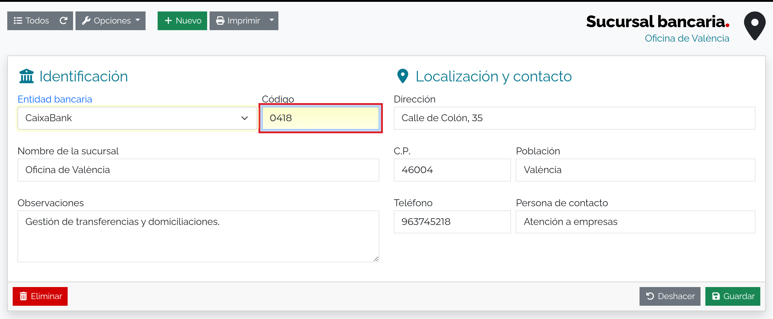 Sucursal de València y sus datos de contacto.