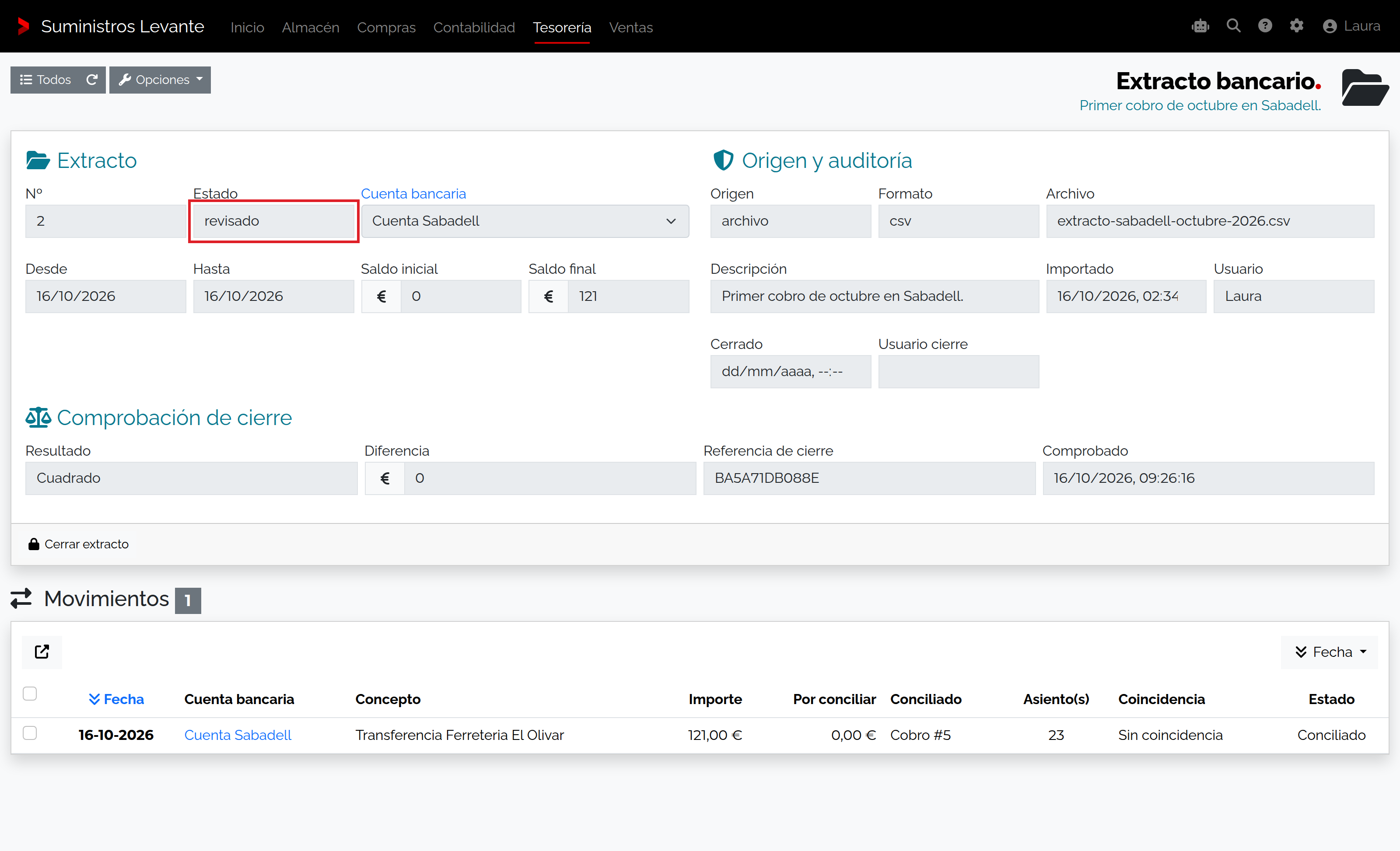 Captura de Cerrar y reabrir un extracto