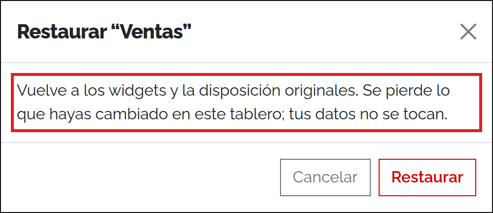 Confirmación de restauración del diseño del tablero.