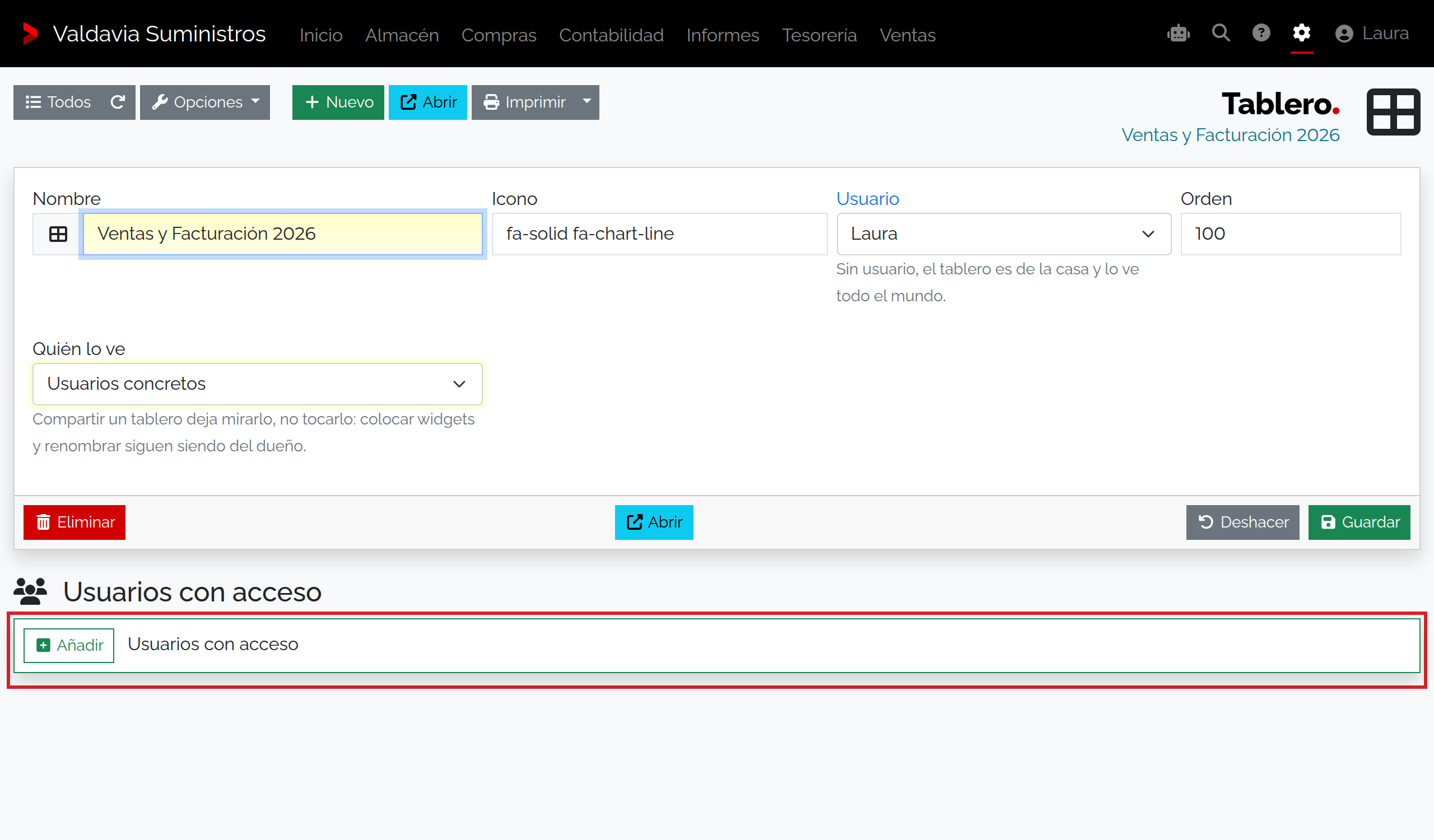 Ficha de edición de tablero en BeplyTheme mostrando nombre, opciones de visibilidad y pestaña de permisos por usuario