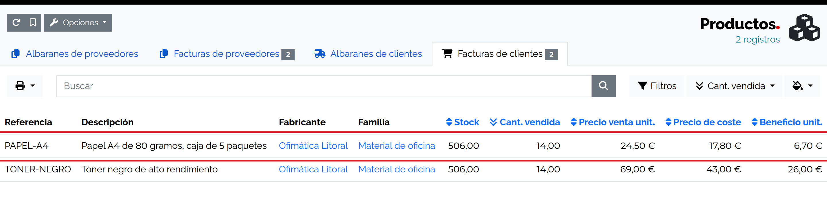 Informe de facturas de clientes de Suministros Marjal con dos productos.