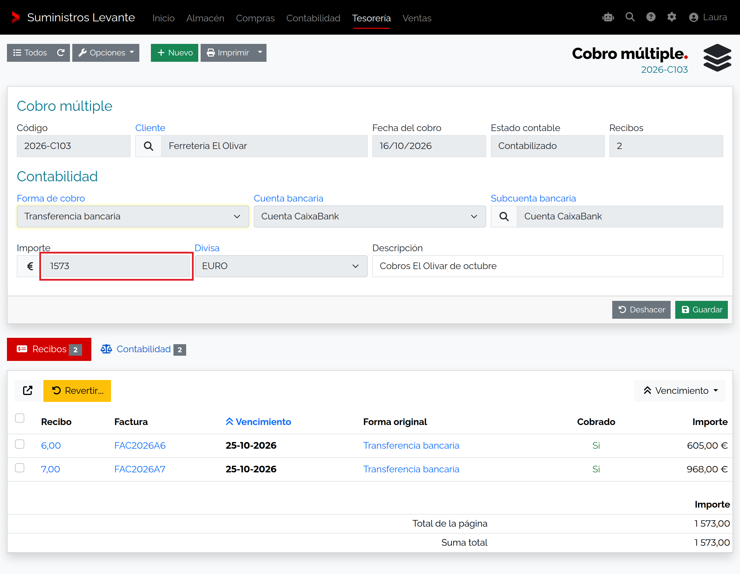 Captura de Agrupar y registrar varios cobros