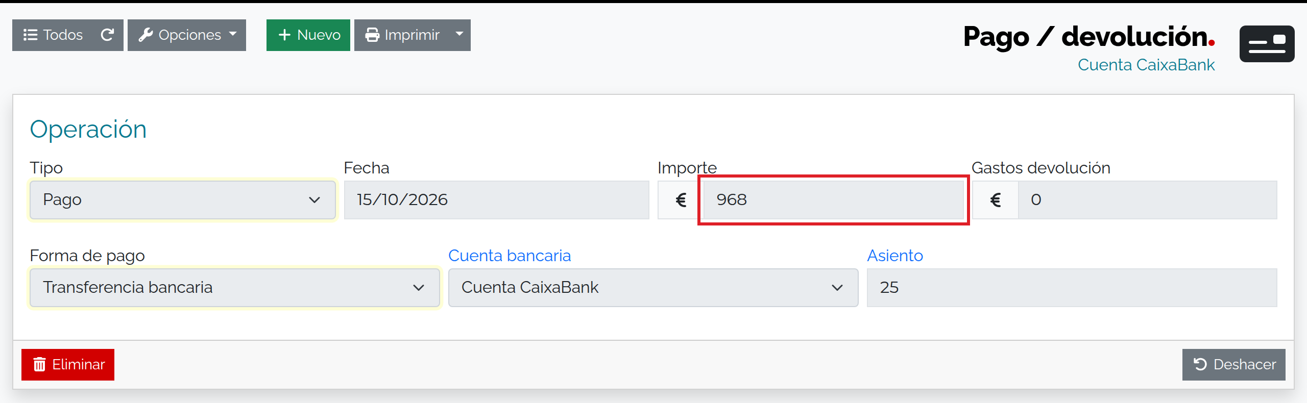 Pago guardado de 968,00 € a Distribuciones Albor.