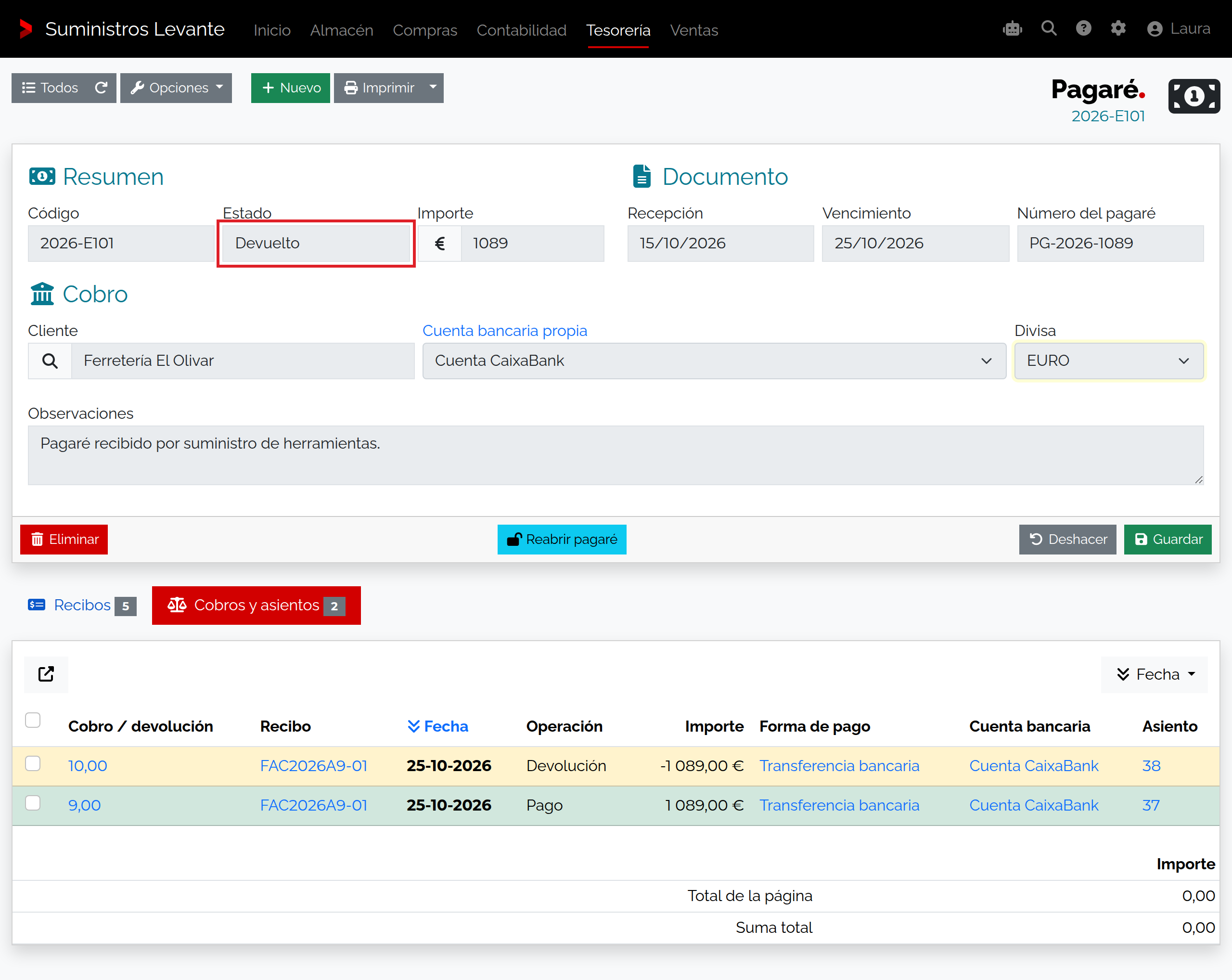 Captura de Registrar la devolución de un pagaré